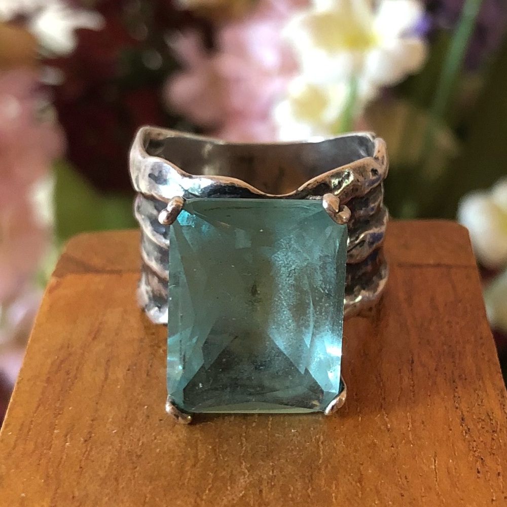 Vintage Silpada Sterling Silver Aqua Glass Statement Ring Size 8 - Picture 8 of 14